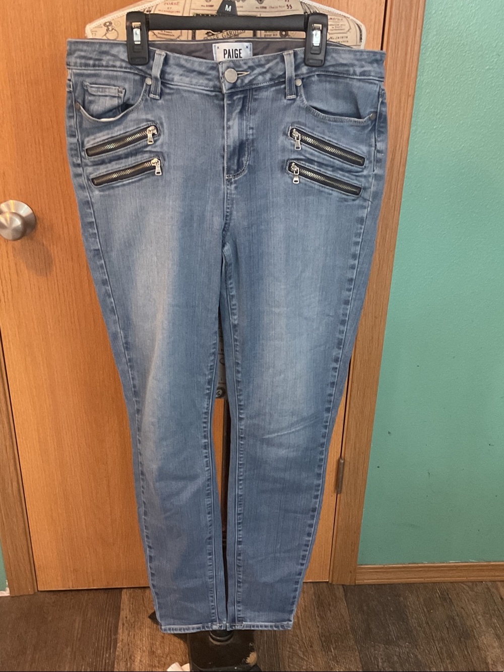 PAIGE Light Blue Skinny Jeans with Quad Zip Accents